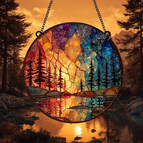 Acrylic Suncatcher Indoor Colorful Window Hanging Ornament Outdoor Sun Catcher Panel for Home Decor Car Garden Crystal Gift Pines Starry Sunset Forest Acrylic Suncatcher by Unknown