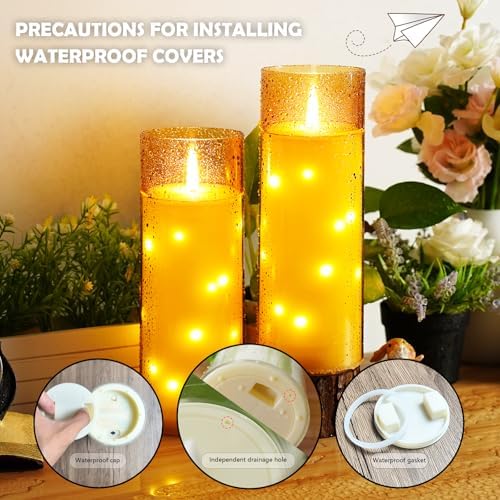 kakoya 11" x 4" Large Outdoor Waterproof Flameless LED Candles with Remote and Timer,Acrylic Pillar Candles Battery Operated with Embedded Star String for Porch,Patio,Outdoor Decor,Set of 2(Gold) - Image 3