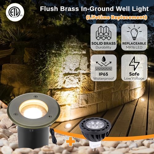 Gardenreet Landscape In Ground Well Lights - Brass Electric Low Voltage Ip65 Lights, 12V Wired LED Fixture, Antique Bronze for Patio Driveway Tree with 5000K Daylight White MR16 Bulb - Image 2