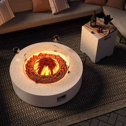 SUNBURY Outdoor 42 Inch Propane Fire Pit Table, 50000 BTU Spotted White Patio Gas Fire Table w Glass Wind Guard, Tank Table, Lava Rocks - Image 6