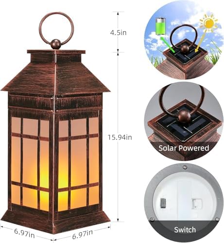 18" Solar Lanterns Outdoor Waterproof Flickering Flame Copper - Image 4