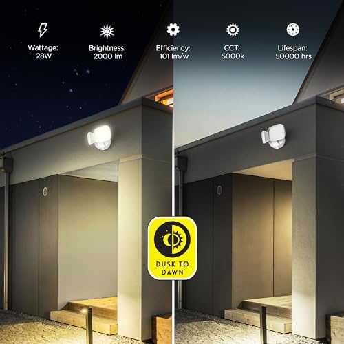 Feit Electric 28W Dusk to Dawn Dual Head Outdoor LED Security Flood Light, 2000 Lumens, 5000K Daylight, Adjustable Heads, Waterproof, Hardwired, 50,000-Hour Lifetime, S9DFL/850/DD/WH - Image 4
