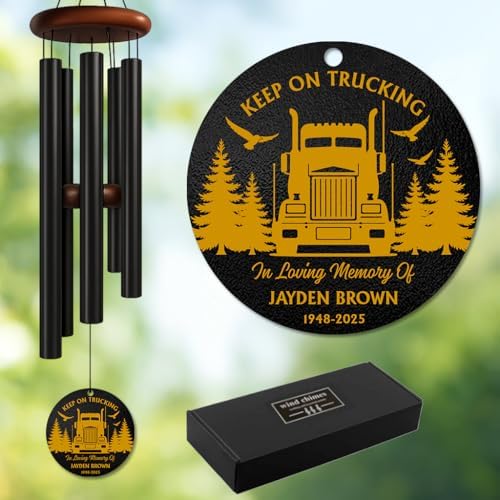 Personalized Trucker Memorial Wind Chime – “Keep On Trucking” Custom Name & Years – Outdoor Sympathy Gift for Truck Drivers – Remembrance Windchime for Loss of Loved One, Memorial Garden Décor by AlpadilCo