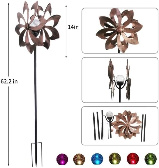 NUENUN Wind Spinner Outdoor Metal - Multi-Color Seasonal LED Lighting Solar Powered Glass Ball with Kinetic Wind Spinner Dual Direction for Patio Lawn & Garden (New Coffee Color) - Image 2