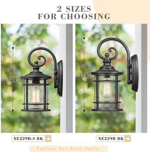 Emliviar Modern Porch Lights 2 Pack - Outdoor Wall Light Fixtures Wall Mount for Garage, Black Finish with Seeded Glass Shade, XE229B-S-2PK BK - Image 5