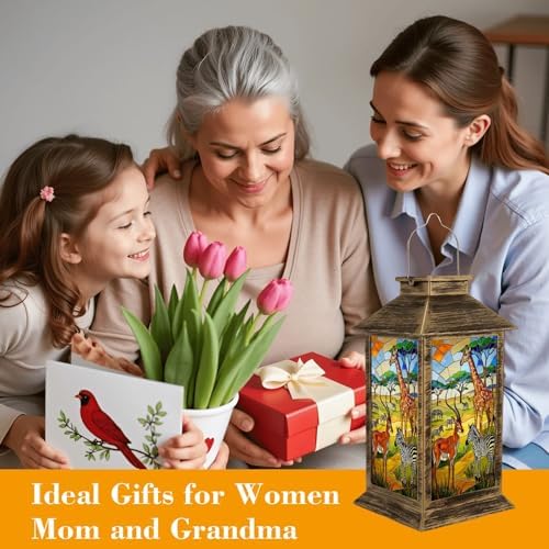 Solar Lantern Outdoor Waterproof African Savanna Wildlife Stained Glass Giraffe Zebra Antelope Garden Decor LED Hanging Solar Lights Tabletop Lamp Gifts for Women Mom Outside Yard Patio Porch - Image 4