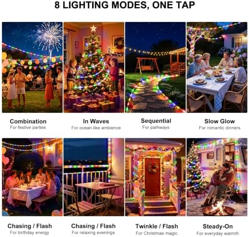 Solar Rope Lights Outdoor Waterproof, 66FT 200 LED Solar String Lights with 8 Lighting Modes,Trampoline Lights, Solar Patio Light for Garden Fence Backyard Deck Porch Pool Tree Christmas Decor - Image 6