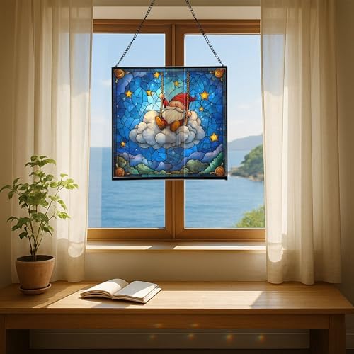 Cloud Gnome Swing Stained Glass Suncatcher – Square Hanging Window Panel for Home or Greenhouse – Whimsical Glass Art Gift for Garden Lovers, Christmas, Halloween, Father Days t3Lwaw - Image 6