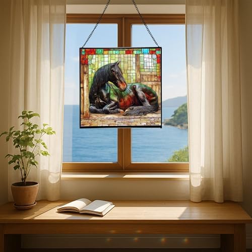 Black Shire Horse Resting Under Stable Eaves Square Suncatcher – Stained Glass Style Window Panel with Pastoral Scene, Custom Decorative Hanging Art for Equestrian Home, Christmas E6Fxuk - Image 6