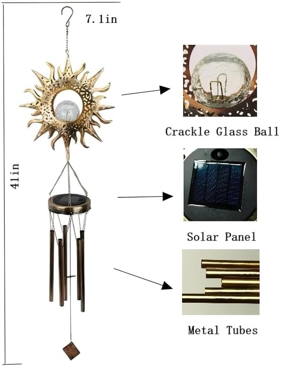 Sun Wind Chimes, Metal Wind Chimes, Waterproof Anti-Corrosion, Solar Wind Chime, Wind Chime for Outside/Window/Door/Garden/Outdoors, Gifts for Girl/mom/Friend. (Sun) - Image 2