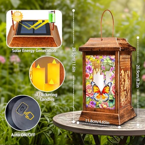 2 Pack Butterfly Solar Lanterns Outdoor Waterproof, Metal & Glass Hanging Lights Garden Decor, Birthday Gifts for Women Mom Grandma Mothers Day, Decorative Lights for Outside Yard Patio Backyard - Image 4
