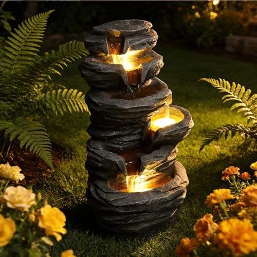 25.6 Inch Outdoor Water Fountain, Stacked Rock Resin Cascading Water Feature with Warm LED Lights, Quiet Pump for Patio Garden Porch - Image 3