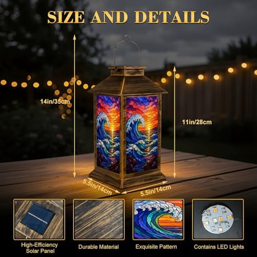 Solar Lantern Outdoor Waterproof Stained Glass Style Ocean Waves Vibrant Sunset Sky Garden Decor LED Hanging Solar Lights Tabletop Lamp Gifts for Women Mom Outside Yard Patio Porch - Image 2