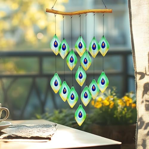 Handmade Peacock Feathers Glass Wind Chimes – Sea Glass Garden Windchimes for Outside, Hand-Painted Glass Suncatcher, Durable - Image 6