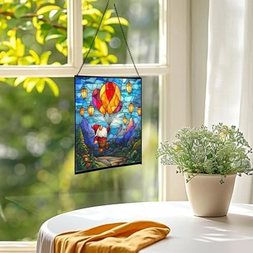 Gnome with Lantern Balloons Stained Glass Suncatcher – Square Hanging Window Panel for Home or Greenhouse – Whimsical Glass Art Gift for Garden Lovers, Christmas, Halloween, Father Days smlKhE - Image 3