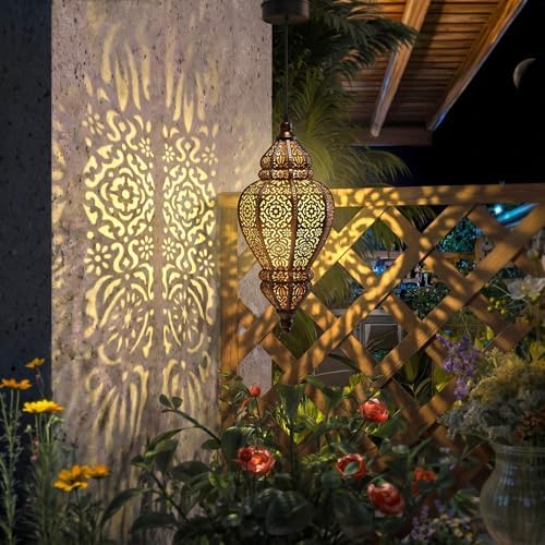 Hapjoy Moroccan Hanging Solar Lights Outdoor Lantern Bidirectional Availabili Garden Decor Waterproof Plastic Gold Decorations for Patio Pathway Yard Backyard Solar Powered Garden Decorative (1, gold) - Image 2