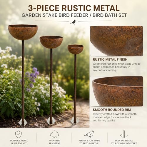 3 Pack Rustic Metal Bird Bath Stake Set for Outdoors, Garden Bird Bath Bowls with Ground Stakes, Bird Feeder Rain Catcher Wildlife Water Station for Birds, Bees & Butterflies - Image 5