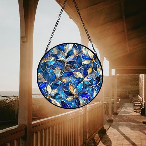 Stained Glass Window Hanging - Blue Gold Abstract Flowers Suncatcher for Door Terrace Garden Home Decor, Plant Sun Catcher Birthday Gifts for Lovers Women Men Dad Mom Nana 9.8 in - Image 3