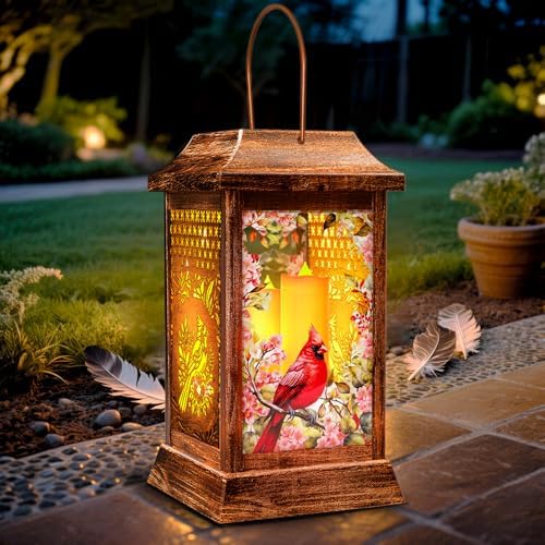 Cardinal Solar Lanterns Outdoor Hanging Lanterns, Metal Glass Garden Decor Solar Lights, Gifts for Women Mom Birthday Grandma Mothers Day, Waterproof Decorative Lantern for Outside Patio Yard by VOOKRY