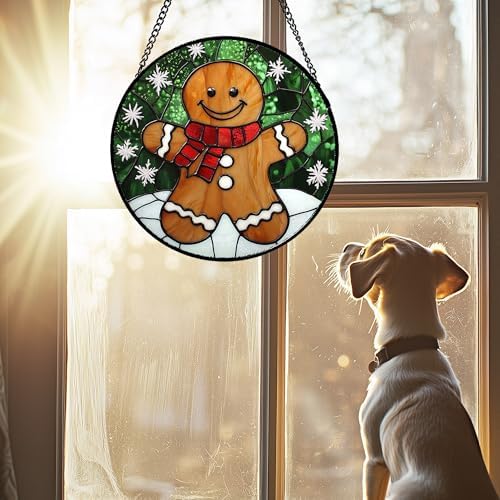 Smiling Gingerbread Man Stained Glass Window Hanging Suncatcher Gifts 12" - Image 2