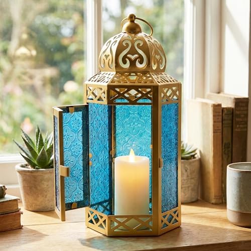 Vela Lanterns 12" Metal Moroccan Decorative Candle Lantern Holders for Hanging or Table, Indoor Home Decor, Outdoor Patio or Porch, Weddings, Gold, Blue Glass, Large - Image 5