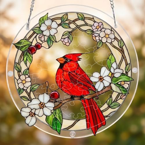 Cardinal Puzzle Acrylic Suncatcher Size 14 inches, Garden Floral Sun Catchers, Window Hanging Ornaments, Memorial Gift, Stained Glass Effect Decor for Puzzle Lover by GIKZO