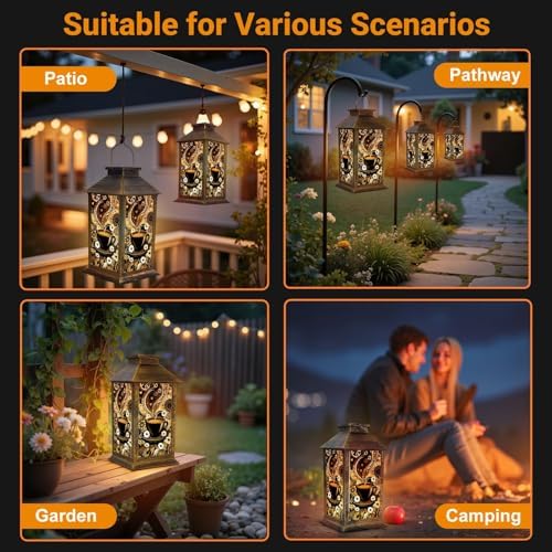 Solar Lantern Outdoor Garden Hanging Lantern Steaming Coffee Cup Abstract Brown Black Swirls Flowers Hearts Waterproof Solar Powered Lighting Outside Table Lamp for Patio Deck Yard Camping - Image 5