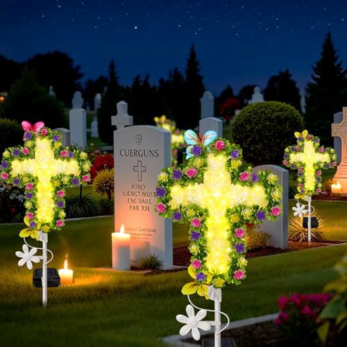 2Pack Solar Flower Cross Garden Stake Light,Grave Decorations for Cemetery - Image 4