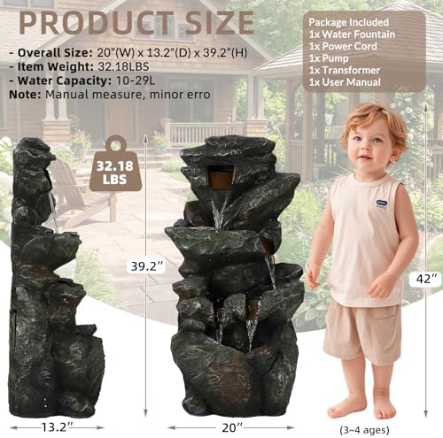 39.2" Tall Outdoor Water Fountain, 5-Tier Realistic Natural Rock Cascading Waterfall Fountain with LED Lights, Resin Garden Water Feature for Patio, Deck, Backyard and Home Art Décor - Image 6
