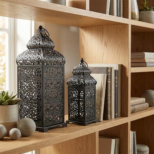 Vela Lanterns Decorative Indoor Moroccan Candle Holders, Black, Set of 2 - Image 2