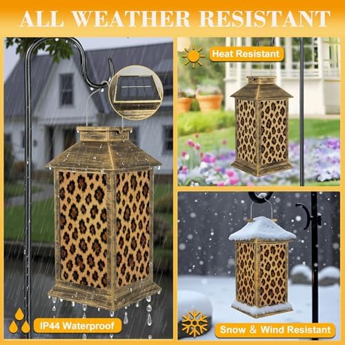 Solar Lantern Outdoor Waterproof Golden Leopard Print Seamless Subtle Animal Skin Leopard Garden Decor LED Hanging Solar Lights Tabletop Lamp Gifts for Women Mom Outside Yard Patio Porch - Image 3