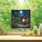 Twilight Garden Gnome Stroll Stained Glass Suncatcher – Square Hanging Window Panel for Home or Greenhouse – Whimsical Glass Art Gift for Garden Lovers, Christmas, Halloween, Father Days Ye2sh0 - Image 2
