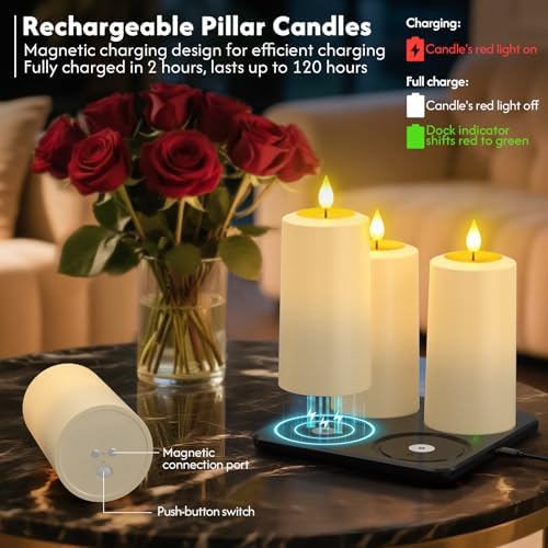 PChero Rechargeable Waterproof Candles with Remote & Magnetic Charging Base, 4 Electric Pillar Candles & 6 LED Tea Lights - Image 2