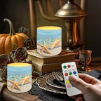 Pack of 4 Flickering Flameless Candles with Remote Outdoor Battery Operated LED Candles with Timer Elictric Pillar Lights for Beach Wedding Coastal Home Decoration, Beach Starfishes - Image 3