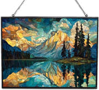 Rectangle Mosaic Mountain Reflection Lake Stained Glass Window Hanging, 15" W X 11" H Stained Glass Panel with Chain, Suncatchers for Windows Hanging Decorations, Gifts for Mom, Grandma by HYPESTYLE