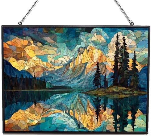 Rectangle Mosaic Mountain Reflection Lake Stained Glass Window Hanging, 15" W X 11" H Stained Glass Panel with Chain, Suncatchers for Windows Hanging Decorations, Gifts for Mom, Grandma by HYPESTYLE