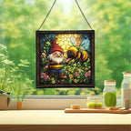 Bee Friend Gnome Stained Glass Suncatcher – Square Hanging Window Panel for Home or Greenhouse – Whimsical Glass Art Gift for Garden Lovers, Christmas, Halloween, Father Days CPmPdP - Image 2