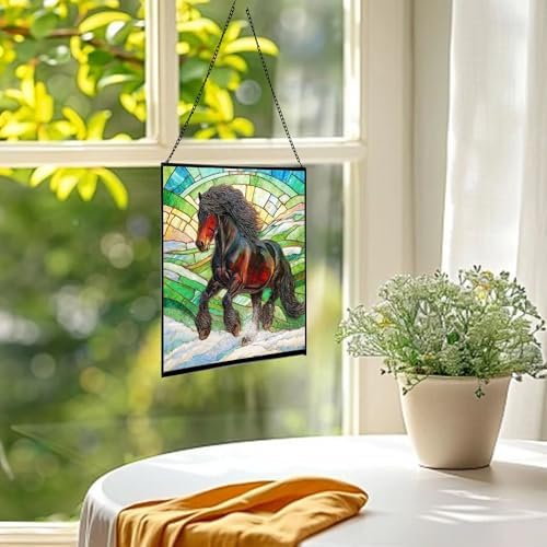 Black Icelandic Horse Climbing Snowy Slope Square Suncatcher – Stained Glass Style Window Panel with Pastoral Scene, Custom Decorative Hanging Art for Equestrian Home, Christmas AU2nfq - Image 3
