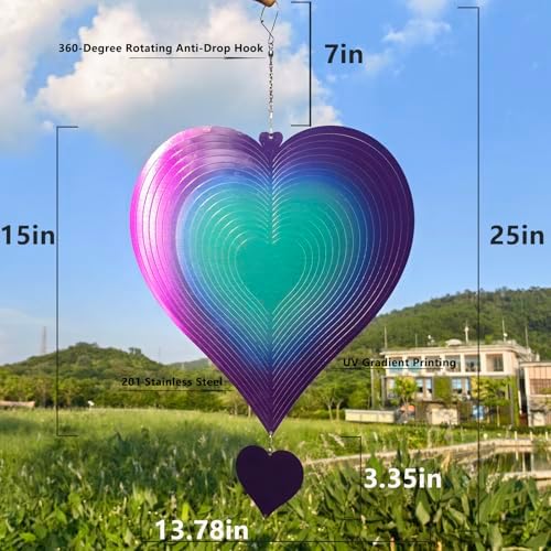 DJUAN 15in Large Heart Wind Spinner Garden Decor,Gifts for Women,Mom and Grandma,Mother's Day,Birthdays, Purple-Green Stainless Steel Hanging Yard Art Outdoor & Indoor Decorations - Image 3