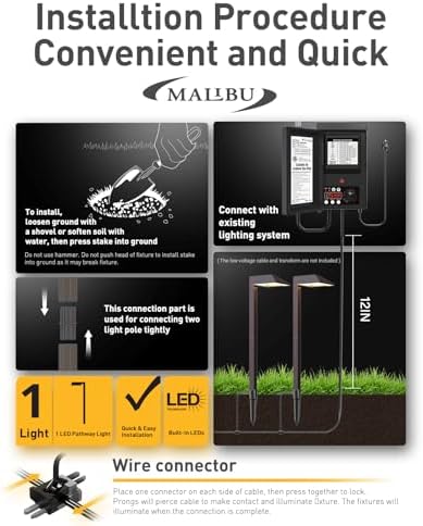 Malibu Low Voltage Landscape Lighting 0.6W LED Pathway Lights Outdoor Landscape Path Lights Wired with Connectors 22 Lumen Warm White Walkway Lights for Garden Yard Lawn 8Pack - Image 4