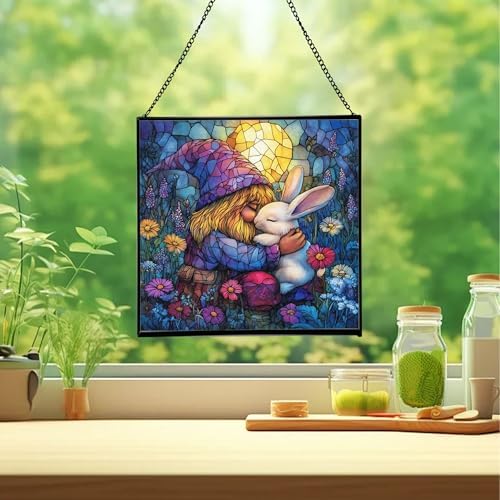Bunny Friend Gnome Stained Glass Suncatcher – Square Hanging Window Panel for Home or Greenhouse – Whimsical Glass Art Gift for Garden Lovers, Christmas, Halloween, Father Days 44xWTl - Image 2