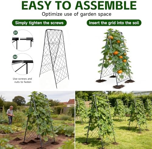 50"x17" Heavy Duty Metal Garden Trellis - Rust-Proof A-Frame Cucumber Trellis with High-Density Rhombus SteelGrats for Climbing Plants, Tomatoes & Raised Beds, Outdoor Use (2 Pack) - Image 7