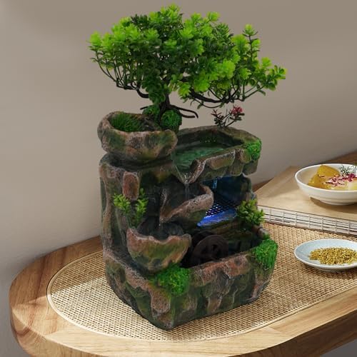 Rockery Water Fountain, Creative Feng Shui Wheel Waterfall with Reliable Circulating Pump and Color-Changing LED Lights, Compact Desktop Decor for Living Room, Office, Bedroom Ambiance - Image 2