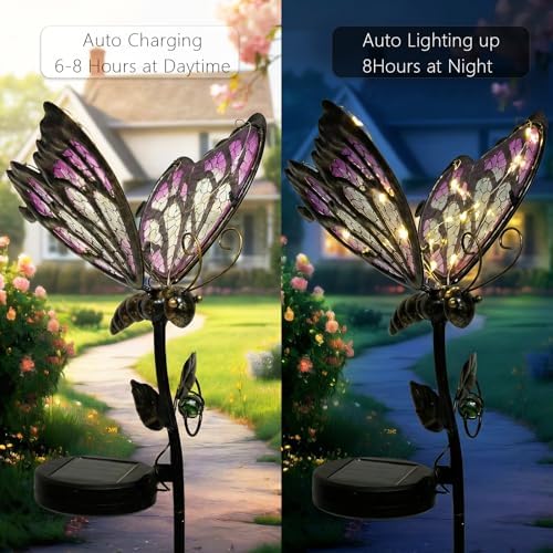 Solar Butterfly Garden Stake Light, Hand-Painted Pink Glass, 36in - Image 3