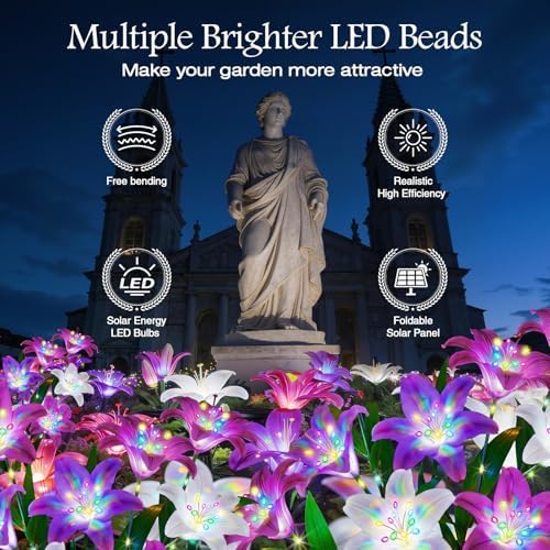 Solar Lights Outdoor Garden Decor - 10 Pack Solar Flowers with 50 Heads Colorful Lily Lights & Glowing Stems, Brighter Waterproof Decorative Garden Lights for Yard, Patio, Flower Bed, Gifts - Image 2