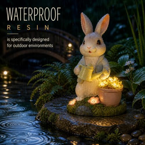 Solar Rabbit Garden Statue with Watering Can and Succulent Lights - Image 5