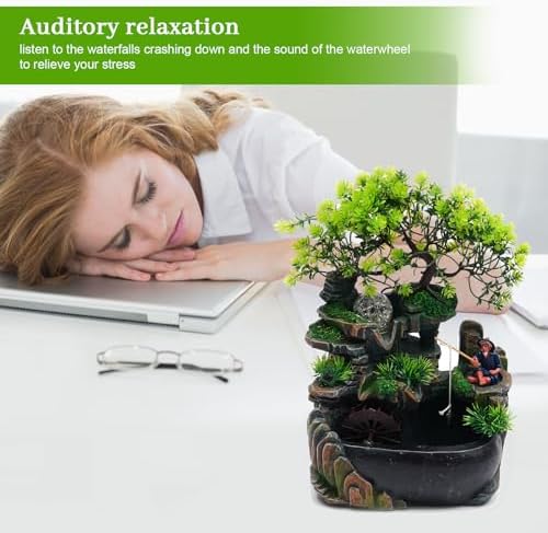Tabletop Fountain Rockery Waterfall, Desktop Miniature Rockery Crafts with Plants Stones LED Lamp for Home Office and Bedroom Study Room - Image 6