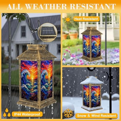 Solar Lantern Outdoor Waterproof Stained Glass Style Ocean Waves Vibrant Sunset Sky Garden Decor LED Hanging Solar Lights Tabletop Lamp Gifts for Women Mom Outside Yard Patio Porch - Image 3