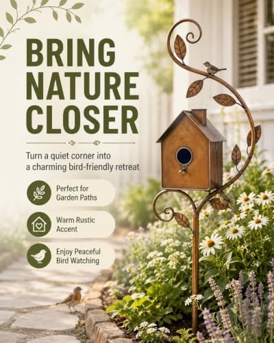 Handmade Iron Birdhouse Metal Garden Stake Bird House with Pole Stand - Image 5