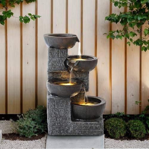 4 Tiered Waterfall Fountains, Outdoor Water Fountains with LED Lights, Garden Outside Brick Waterfalls, Modern Cascading Flow Fountain for Garden, Yard, Patio, Home Decor (Brown) - Image 7